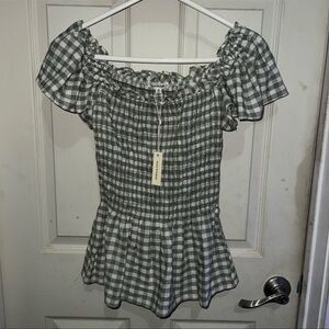 NWT MAX STUDIO WOMENS FLUTTER SLEEVE SMOCKED BLOUSE//SIZE M//SAGE GREEN GINGHAM
